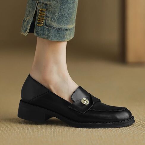 Genuine Leather Womens Loafers - Black Closed Round Toe Slip-on Penny Loafers for Women, Comfortable Business Casual Dress Leather Shoes in Kuwait