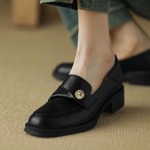 Genuine Leather Womens Loafers - Black Closed Round Toe Slip-on Penny Loafers for Women, Comfortable Business Casual Dress Leather Shoes in Kuwait