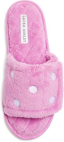 Laura Ashley Open Toe Velcro Band Fluffy Scuff Slippers for Women with Non-Slip Sole, Plush Memory Foam Slippers in Saudi Arabia