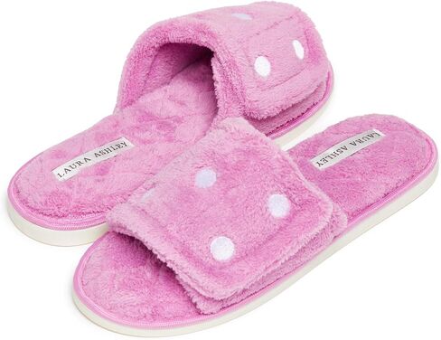 Laura Ashley Open Toe Velcro Band Fluffy Scuff Slippers for Women with Non-Slip Sole, Plush Memory Foam Slippers in Saudi Arabia
