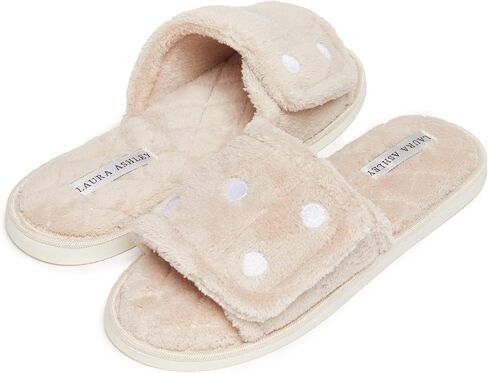 Laura Ashley Open Toe Velcro Band Fluffy Scuff Slippers for Women with Non-Slip Sole, Plush Memory Foam Slippers in Saudi Arabia