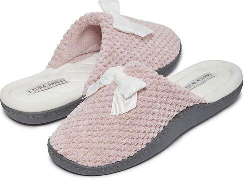 Laura Ashley Rugged Spa Slipper with Bow, Cozy Memory Foam Hard Bottom Slippers for Women, Soft Warm House Shoes in Saudi Arabia