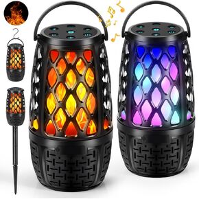 Outdoor Speakers, Colorful LED Flame Speaker Gift for Men, Torch Atmosphere Speaker Waterproof, Bluetooth 5.3, Stereo Sound, Portable Wireless Speaker with Stake, Hook for Patio/Yard/Porch 2 Pack