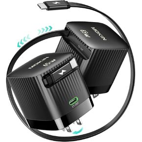 شاحن حائط قابل للسحب، كتلة شاحن USB C سريع 65 وات PD مع كابل من النوع C قابل للسحب، محول شحن سريع لشاحن السفر مع قابس قابل للطي لهاتف iPhone 16/15، MacBook Air، iPad Pro، Samsung، Pixel