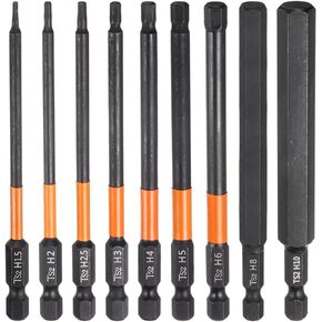 HARFINGTON 9pcs H1.5/2/2.5/3/4/5/6/8/10 Hex Head Drill Bit Wrench Kit Metric Flat Tip 1/4" Hex Shank 100mm (4") Long Magnetic Hexagonal Screw Driver Socket Industrial Screwdriver Power Bits