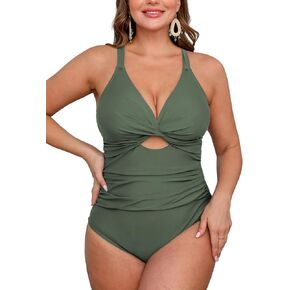 CUPSHE Women's One Piece Swimsuit Plus Size V Neck Bathing Suit Front Wrap Crisscross Back Tie Ruched Cutout Swimwear