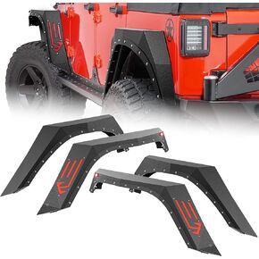 for JK 4-Piece Flat Style Front and Rear Fender Flares Kit Compatible with 2007-2018 Jeep Wrangler JK JKU Unlimited (2/4 Doors) Off-Road Heavy Duty Steel Wheel Fenders Combo, Textured Black