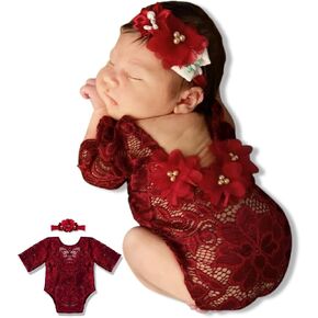 ForBaysy Infant Newborn Photography Props Girl Outfit Lace Romper with Cute Flower Headband Newborn Dress Posing Props