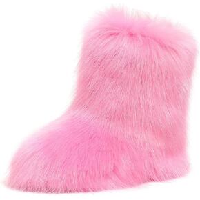 Women's Faux Fur Boots Furry Mid Calf Fur Boots Comfortable Outdoor Flat Shoes Winter Warm Plush Surface Snow Boots