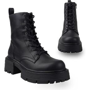 Candie's Regine Lace Up Boats Boots for Women ، Boots Lace Up Boots ، منصة Lug Lug Sole Cheeled Boots مع zip الجانبية ، الكعب الأسود الكثب
