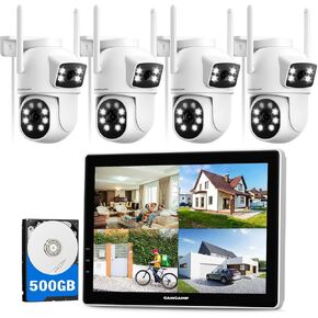 CAMCAMP Wireless Security Camera System with 10.1" Monitor, 4pcs 2K Dual Lens 2.4G&5G WiFi Pro Outdoor PTZ Camera, 2-Way Audio, Color Night Vision, Auto Tracking,24/7 Record,500GB HDD,10CH Expandable