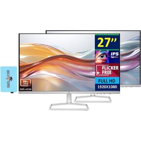 HP 27" FHD IPS (1920x1080) Monitor Bundle with Docztorm Dock, 100Hz Refresh Rate, 2X HDMI 1.4, 1x VGA, Flicker-free, Anti-glare, Ideal for Home & Business, White/Silver (2024 Latest Model) (2 Pack)