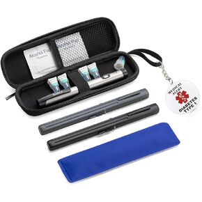 Insulin Pen Refrigerator Diabetes Drug Insulated Refrigerator,Equipped with Two Pre Filled Insulin Syringe Storage Boxes and Reusable Ice Bags (PU-Black-EPIPEN Inside Tag）