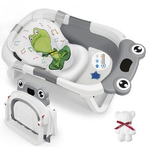 DEANIC Collapsible Baby Bathtub with Baby Washcloth, Portable Infant Bathtub with Soft Baby Bath Support Cushion for 0-3-6-12 Month Newborns, Foldable Baby Bath Tub for Indoor, Travel (Green)