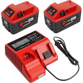 2 Pack 9.0Ah 18V Battery and Charger Replacement for Milwaukee m18 Batteries 48-11-1880 48-11-1860 48-11-1850 48-11-1828