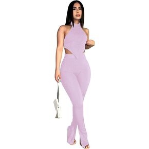 Ekaliy Two Piece Outfits for Women Sleeveless Crop Top Ribbed High Waist Long Pants Sets Party Jumpsuits Clubwear