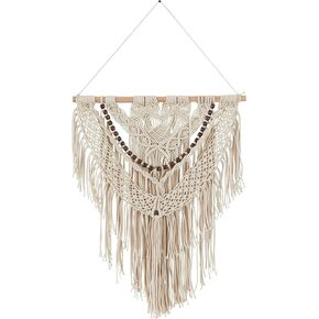 Deco 79 Cotton Macrame Handmade Intricately Weaved Wall Decor with Beaded Fringe Tassels, 27" x 1" x 42", Gray