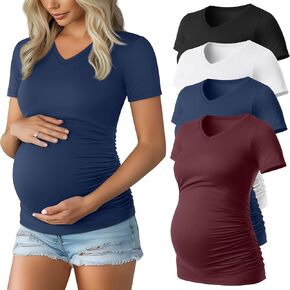Huukeay 4 Pack قمصان الأمومة النسائية ، الخامس من الرقبة أعلى الأكمام قصيرة الأكمام القطن الطائر جانب الحمل Ruched