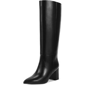 wetkiss Black Knee High Boots for Women - Leather, Chunky & Block Heel, Pointed Toe, Tall, Wide Calf, Pull-On (Matte Black Size8.5)