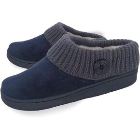 Clarks Womens Suede Leather Comfort Clog Knitted Collar Slipper - Plush Faux Fur Trim - Indoor Outdoor House Slippers For Women (Navy/Grey 10M)