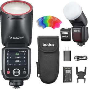 Godox V100C U Round Head Flash for Canon – 100Ws TTL Speedlite with 2.4G Wireless, Global Shutter Sync 1/8000s, Touchscreen, Built-in Li-ion Battery, Diffuser Dome Accessories Kit (V100-C US Version)