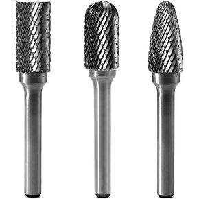 Tungsten Carbide Burr 3pcs 1/4" Shank Double Cut Rotary File Cutting Burrs Die Grinder Bits for Steel,Metal Carving, Polishing,Engraving,Drilling