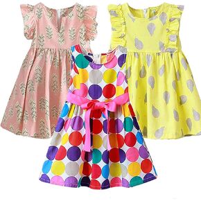 ABALACOCO 3Pcs Girls Kids Cotton Dress Todder Sleeveless Sundress Casual Printed Flower Bowtie Tutu Party Dress 2-10T