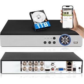 Fuers 5MP H.265+ Security DVR Recorder with AI Human Detection, 8CH Hybrid 6-in-1 CCTV DVR for Surveillance Camera, Supports 8CH Analog and IP Cameras, Mobile APP & PC Remote(1TB Hard Drive)
