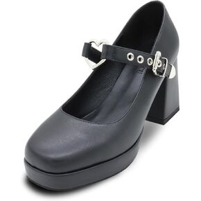 Women's Platform Square Toe Heart Buckle Strap Mary Janes Goth Heels Shoes