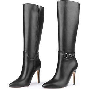 MERUMOTE Women's Knee High Boots Pointed Toe Buckle Side Zipper Stiletto Boots Black Matte US8.5