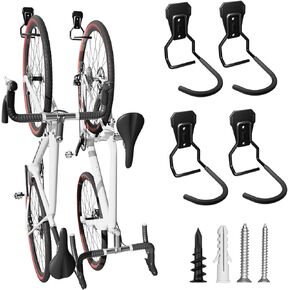 Wall Mount Bike Hooks, Bike Hooks for Garage, Vertical Bike Hanger for Indoor Use, Heavy Duty with 8mm Thick Steel Frame, 4PCS Storage System, Black