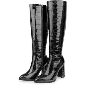 MERUMOTE Women's Knee High Boots Pointed Toe Chunky Heels Side Zipper Boots Faux Crocodile Boots Black Crocodile-Print US8
