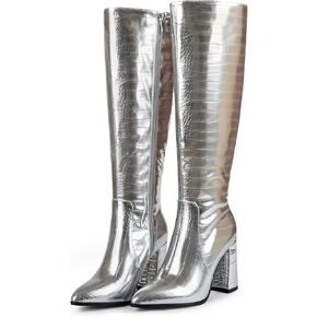 MERUMOTE Women's Knee High Boots Pointed Toe Chunky Heels Side Zipper Boots Faux Crocodile Boots Silver Crocodile-Print US9.5