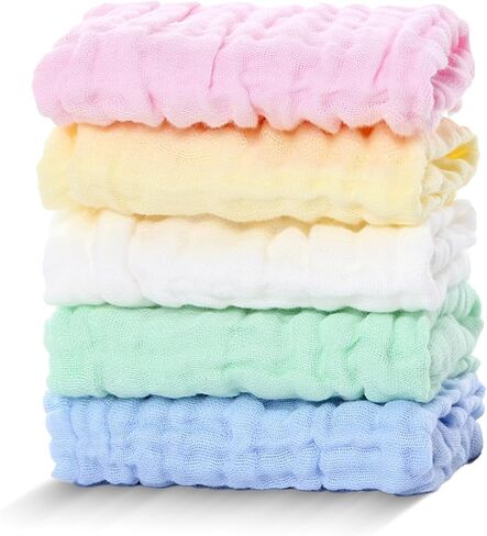 5 Pack Baby Muslin Washcloths for Newborns,Large 10x10 inches,Natural Cotton Burp Cloths,Soft Absorbent Baby Wash Cloths for Sensitive Skin,Baby Girls and Boys Face Towels in Saudi Arabia