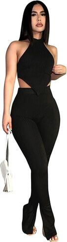 Ekaliy Two Piece Outfits for Women Sleeveless Crop Top Ribbed High Waist Long Pants Sets Party Jumpsuits Clubwear in Saudi Arabia