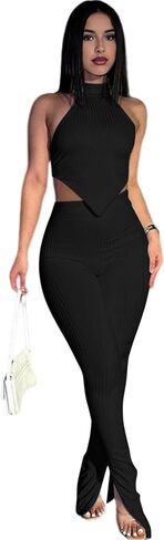 Ekaliy Two Piece Outfits for Women Sleeveless Crop Top Ribbed High Waist Long Pants Sets Party Jumpsuits Clubwear in Saudi Arabia