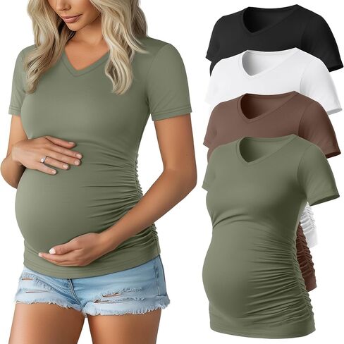 Huukeay 4 Pack قمصان الأمومة النسائية ، الخامس من الرقبة أعلى الأكمام قصيرة الأكمام القطن الطائر جانب الحمل Ruched in Kuwait