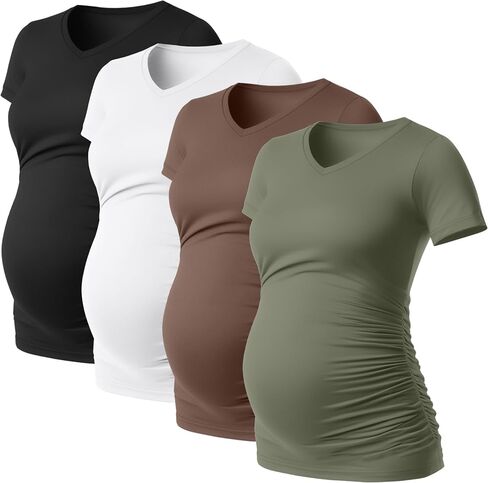 Huukeay 4 Pack قمصان الأمومة النسائية ، الخامس من الرقبة أعلى الأكمام قصيرة الأكمام القطن الطائر جانب الحمل Ruched in Kuwait