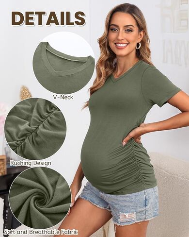 Huukeay 4 Pack قمصان الأمومة النسائية ، الخامس من الرقبة أعلى الأكمام قصيرة الأكمام القطن الطائر جانب الحمل Ruched in Kuwait
