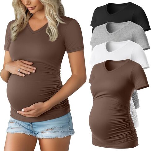 Huukeay 4 Pack قمصان الأمومة النسائية ، الخامس من الرقبة أعلى الأكمام قصيرة الأكمام القطن الطائر جانب الحمل Ruched in Kuwait