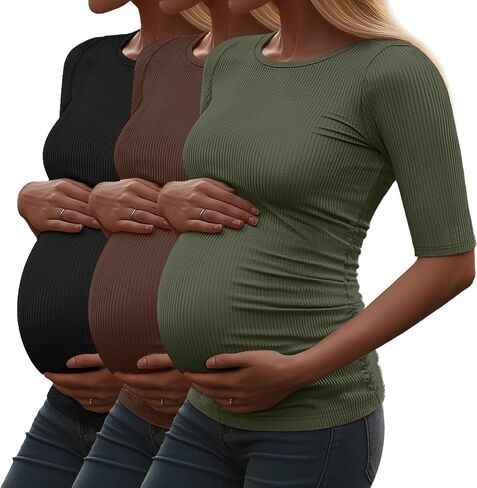 Riyiper 3 Pack Women's Maternity Cotton T Shirt Ribbed Half Sleeve Tunic Round Neck Side Ruched Tops Casual Pregnancy Clothes in Saudi Arabia