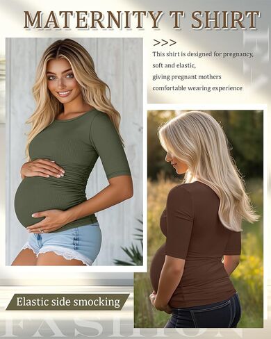 Riyiper 3 Pack Women's Maternity Cotton T Shirt Ribbed Half Sleeve Tunic Round Neck Side Ruched Tops Casual Pregnancy Clothes in Saudi Arabia
