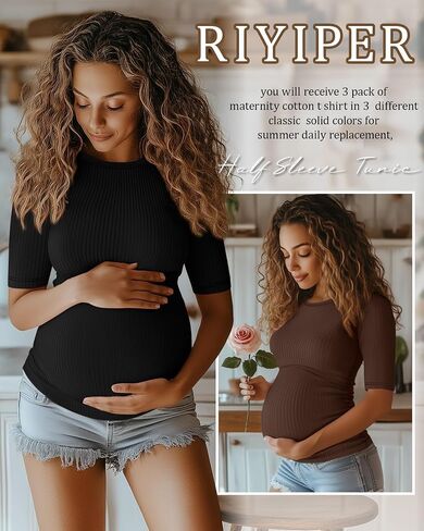 Riyiper 3 Pack Women's Maternity Cotton T Shirt Ribbed Half Sleeve Tunic Round Neck Side Ruched Tops Casual Pregnancy Clothes in Saudi Arabia