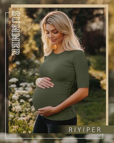 Riyiper 3 Pack Women's Maternity Cotton T Shirt Ribbed Half Sleeve Tunic Round Neck Side Ruched Tops Casual Pregnancy Clothes in Saudi Arabia