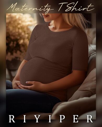 Riyiper 3 Pack Women's Maternity Cotton T Shirt Ribbed Half Sleeve Tunic Round Neck Side Ruched Tops Casual Pregnancy Clothes in Saudi Arabia