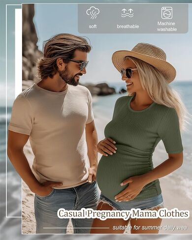 Riyiper 3 Pack Women's Maternity Cotton T Shirt Ribbed Half Sleeve Tunic Round Neck Side Ruched Tops Casual Pregnancy Clothes in Saudi Arabia