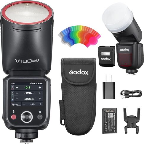 Godox V100O U Round Head Flash for Olympus and Panasonic – 100Ws TTL Speedlite with 2.4G Wireless, Global Shutter Sync 1/8000s, Touchscreen, Built-in Li-ion Battery, Diffuser Dome Gel Accessories Kit in Kuwait