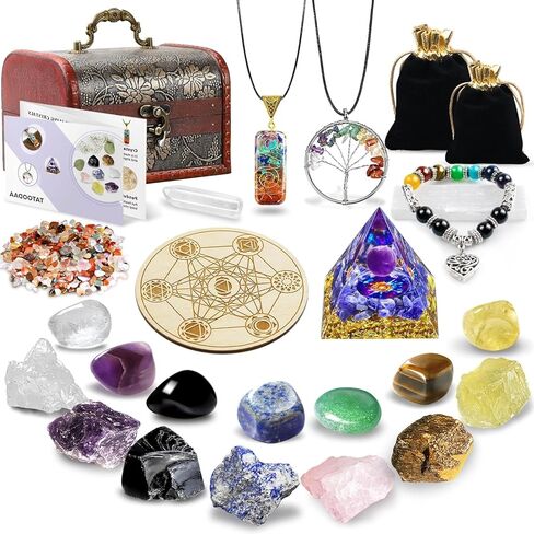 مجموعة 28 قطعة من بلورات الشفاء الطبيعية وبلورات الشفاء الحجرية مع هرم الكوارتز الوردي وقلادة وبندول، و7 بلورات خام و7 أحجار شاكرا متدحرجة، هدايا للمبتدئين من الكريستال in Kuwait