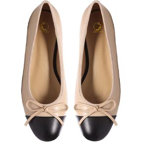 SHODENSE Women Cap Toe Bow Flats Two Tone Slip On Ballet Flats Comfort Closed Round Toe Flats Colorblock 1 Inch Low Flat Heel Dress Shoes Cute Ladies Casual Driver Flats Matte Beige 8 M US