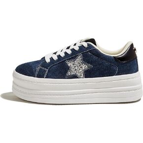 منصة أزياء Belos Women Sneakers Faux Suede Stars Holographic Rainbow Walking Shoes (Denim Blue ، 9)